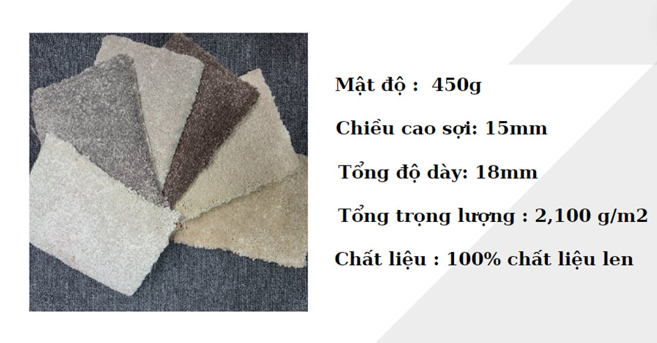 Thảm nỉ 100% chất liệu từ len với độ dày lên đến 18mm